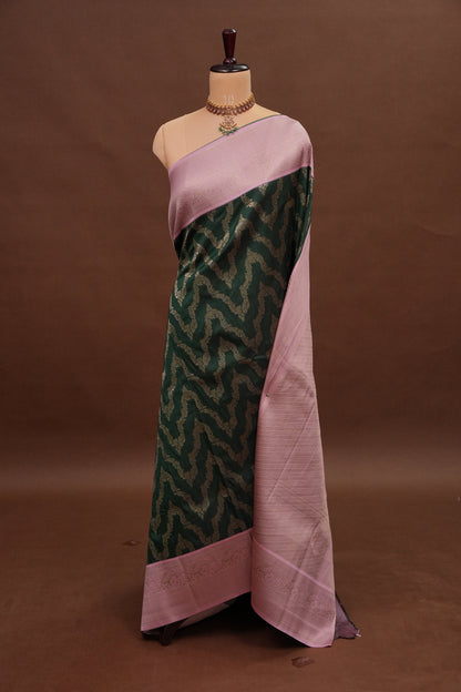 Kanchivaram Semi Silk Saree - Emerald Green with Baby Pink