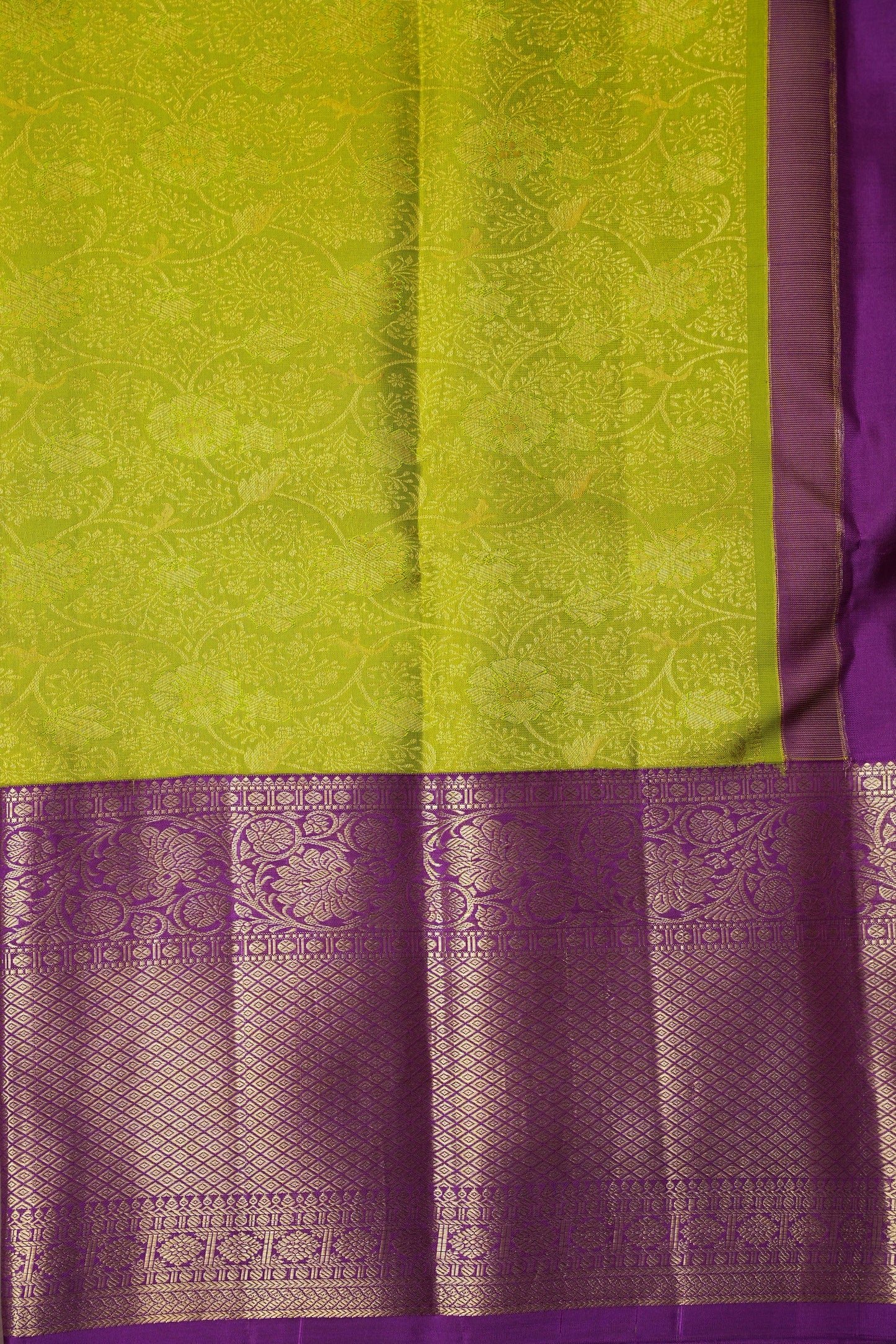 Pure Kanchipuram Brocade Silk Saree - Bright Parrot Green with Purple Border| Silk Mark Certified