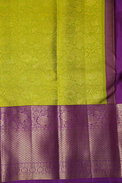 Pure Kanchipuram Brocade Silk Saree - Bright Parrot Green with Purple Border| Silk Mark Certified