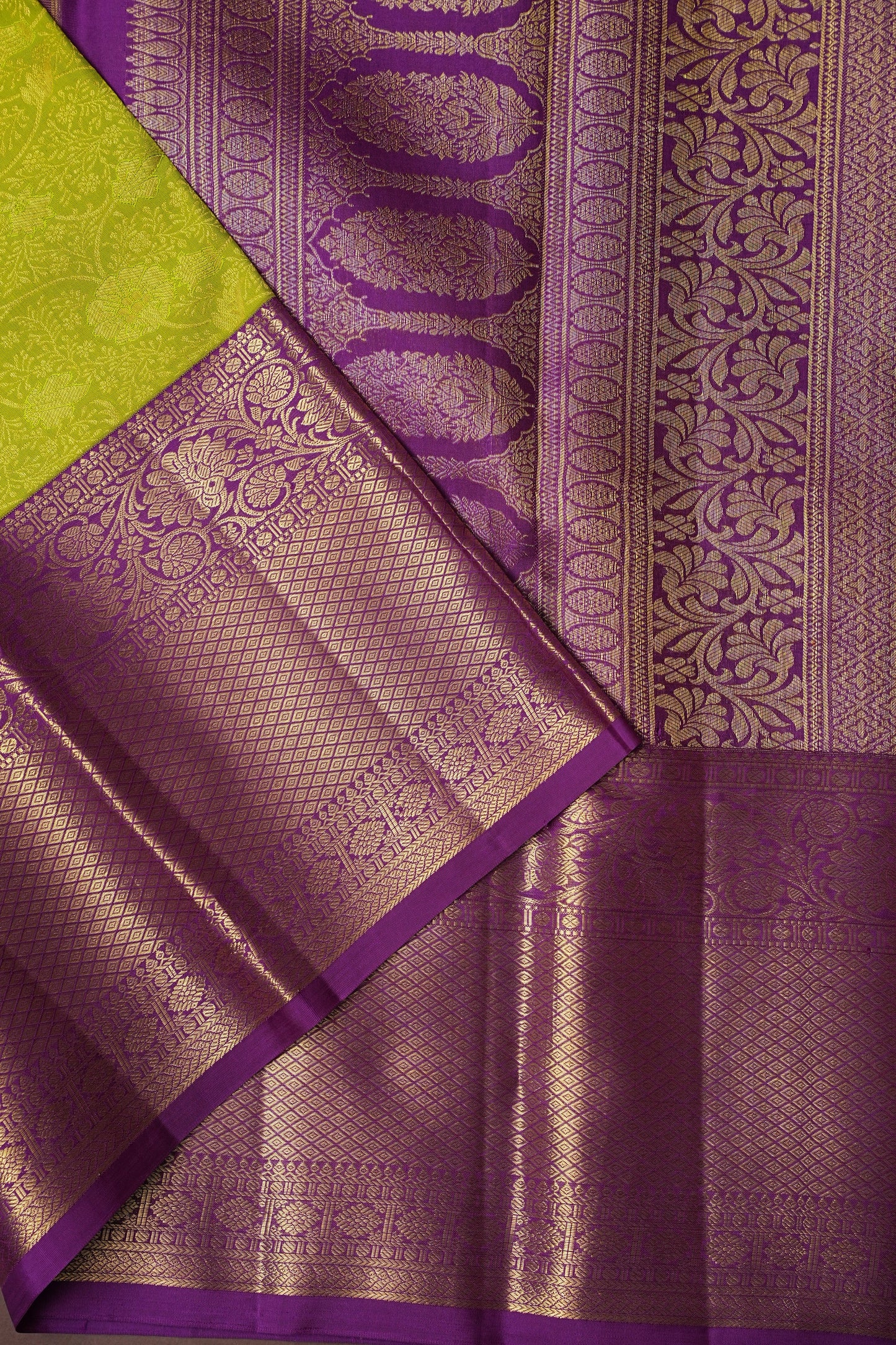 Pure Kanchipuram Brocade Silk Saree - Bright Parrot Green with Purple Border| Silk Mark Certified
