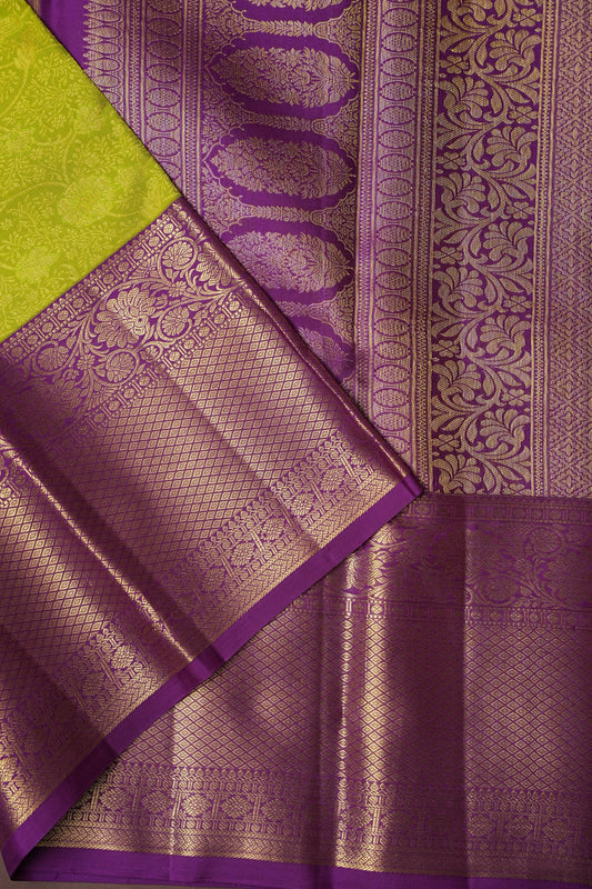 Pure Kanchipuram Brocade Silk Saree - Bright Parrot Green with Purple Border| Silk Mark Certified
