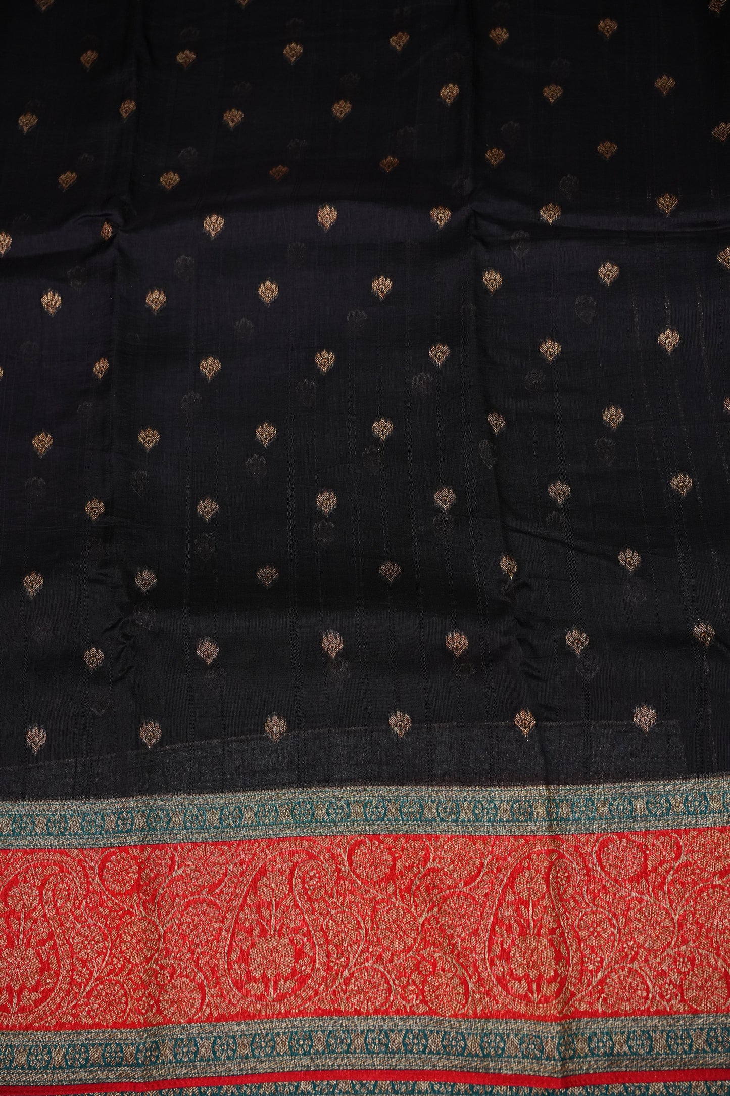 Banarasi Tussar Raw Silk Saree with Contrast 3D Border – Black & Red