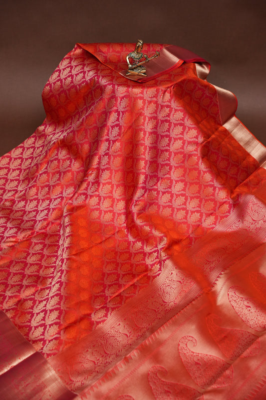 Pure Kanchipuram Brocade Silk Saree - Orange| Silk Mark Certified