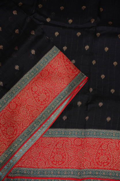 Banarasi Tussar Raw Silk Saree with Contrast 3D Border – Black & Red