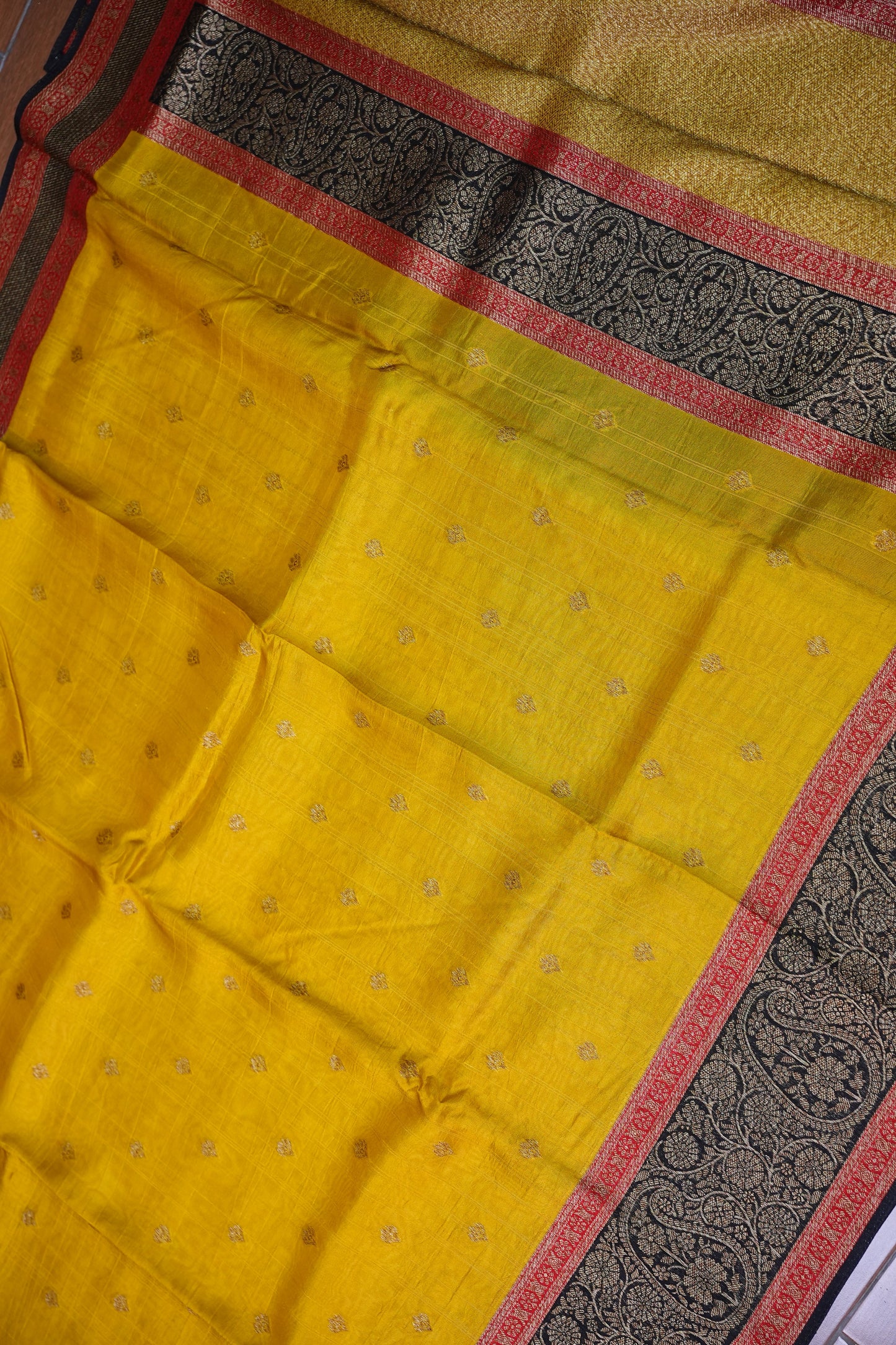 Banarasi Tussar Raw Silk Saree with Contrast 3D Border – Yellow & Black