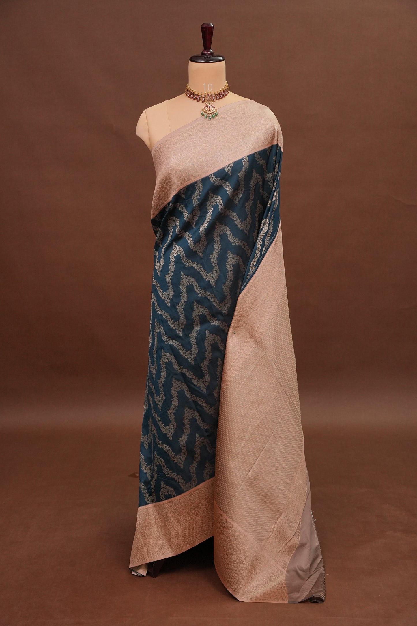 Kanchivaram Semi Silk Saree - Peacock Blue with Peach