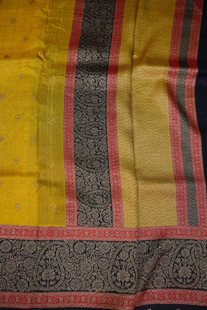 Banarasi Tussar Raw Silk Saree with Contrast 3D Border – Yellow & Black