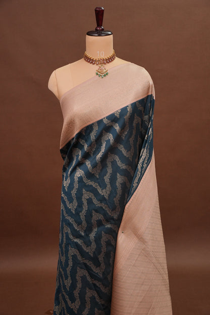 Kanchivaram Semi Silk Saree - Peacock Blue with Peach