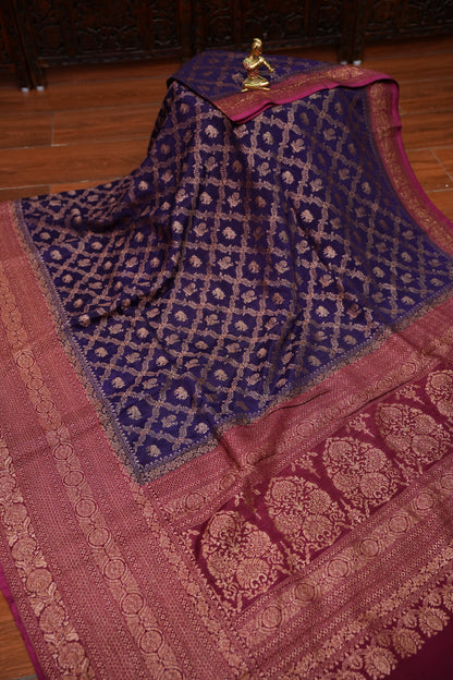 Banarasi Tussar Georgette Saree with Geometric Jaal Weave – Royal Purple & Pink