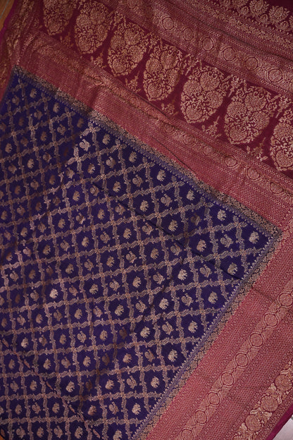 Banarasi Tussar Georgette Saree with Geometric Jaal Weave – Royal Purple & Pink