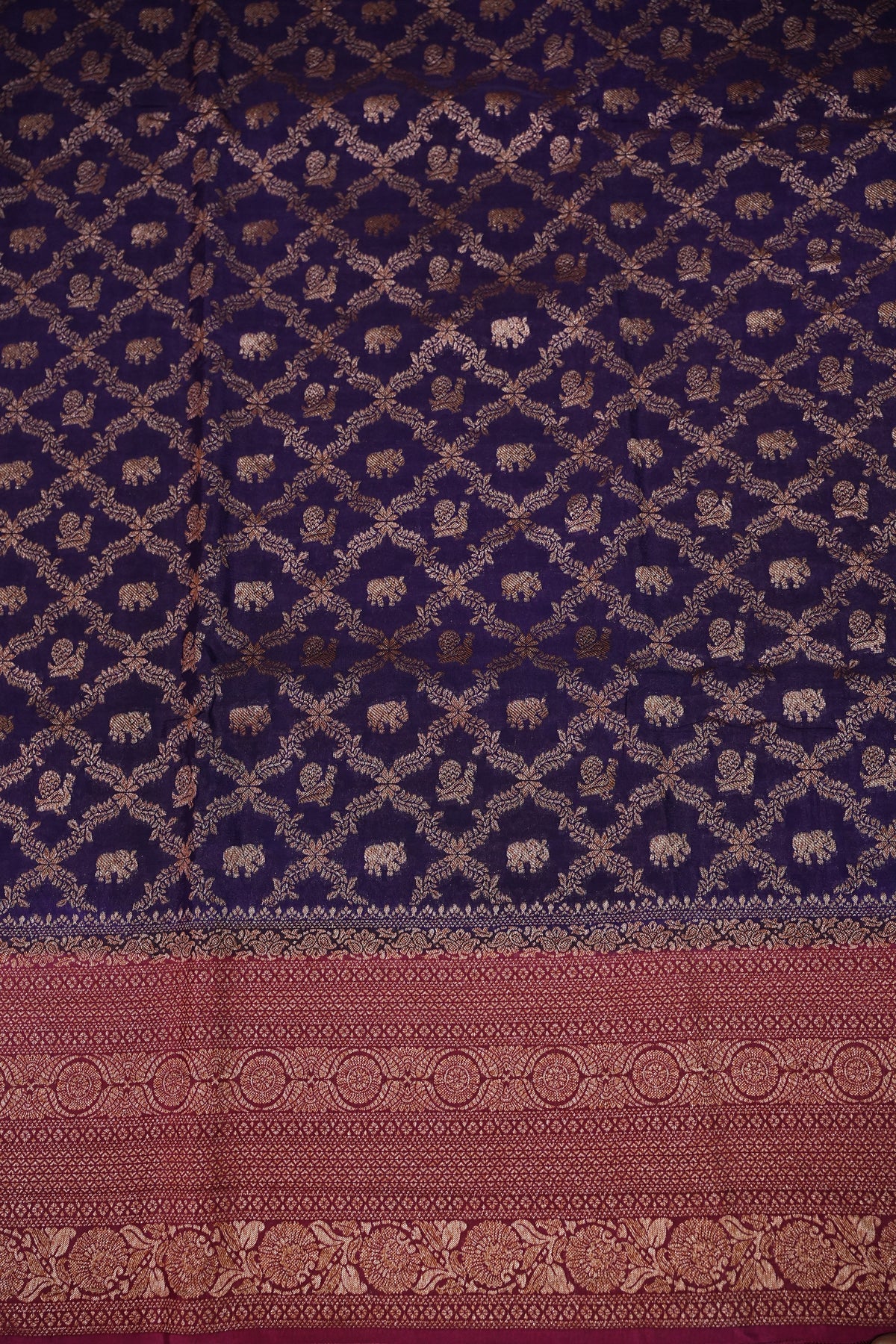 Banarasi Tussar Georgette Saree with Geometric Jaal Weave – Royal Purple & Pink