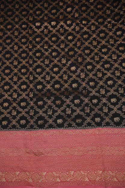 Banarasi Tussar Georgette Saree with Geometric Jaal Weave – Black & Pink