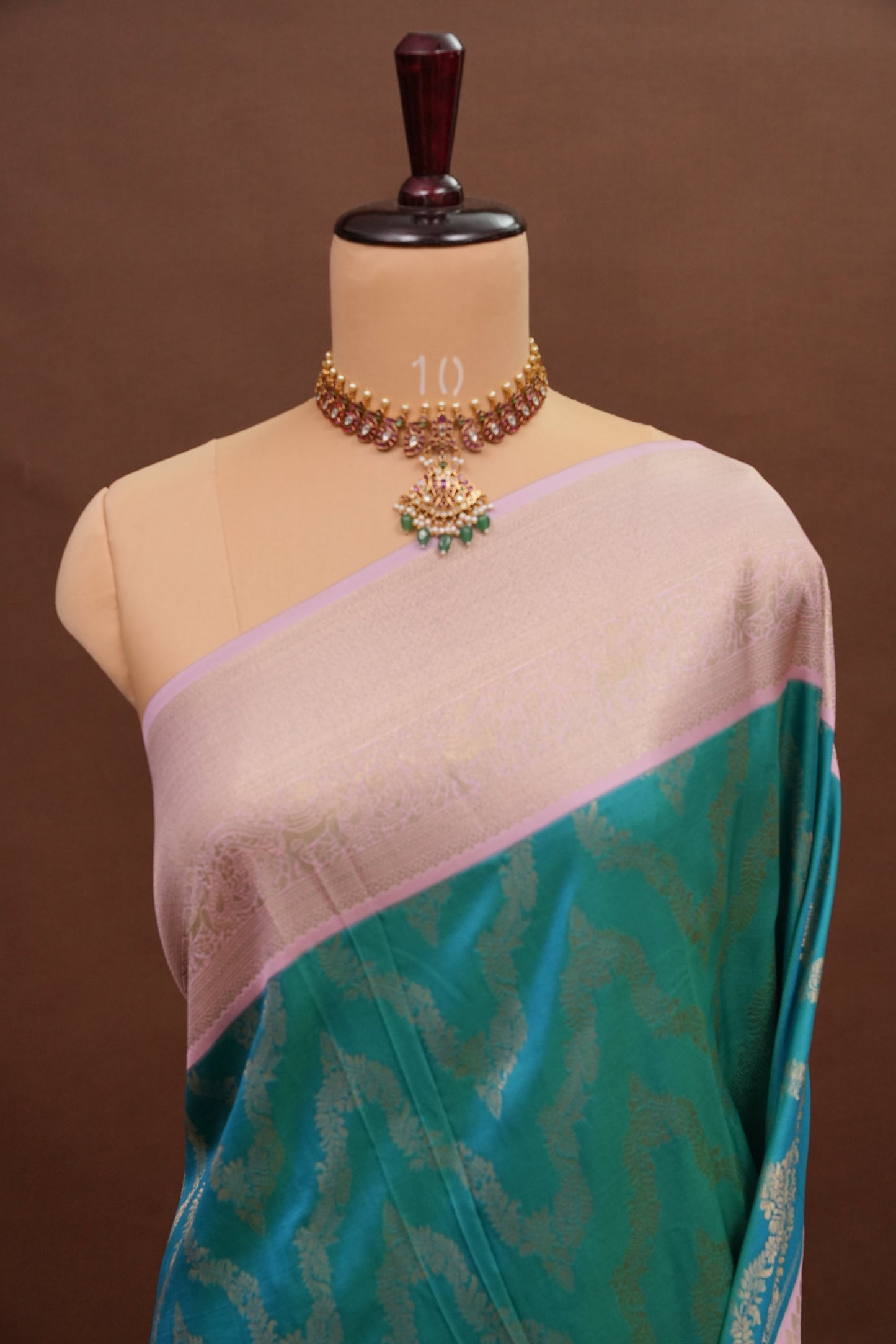Kanchivaram Semi Silk Saree - Turquoise Green with Baby Pink