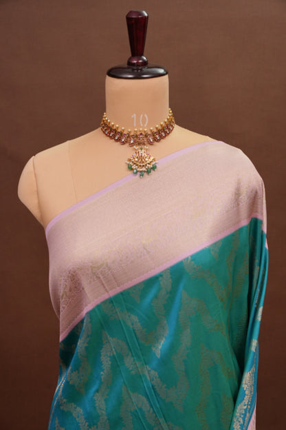 Kanchivaram Semi Silk Saree - Turquoise Green with Baby Pink