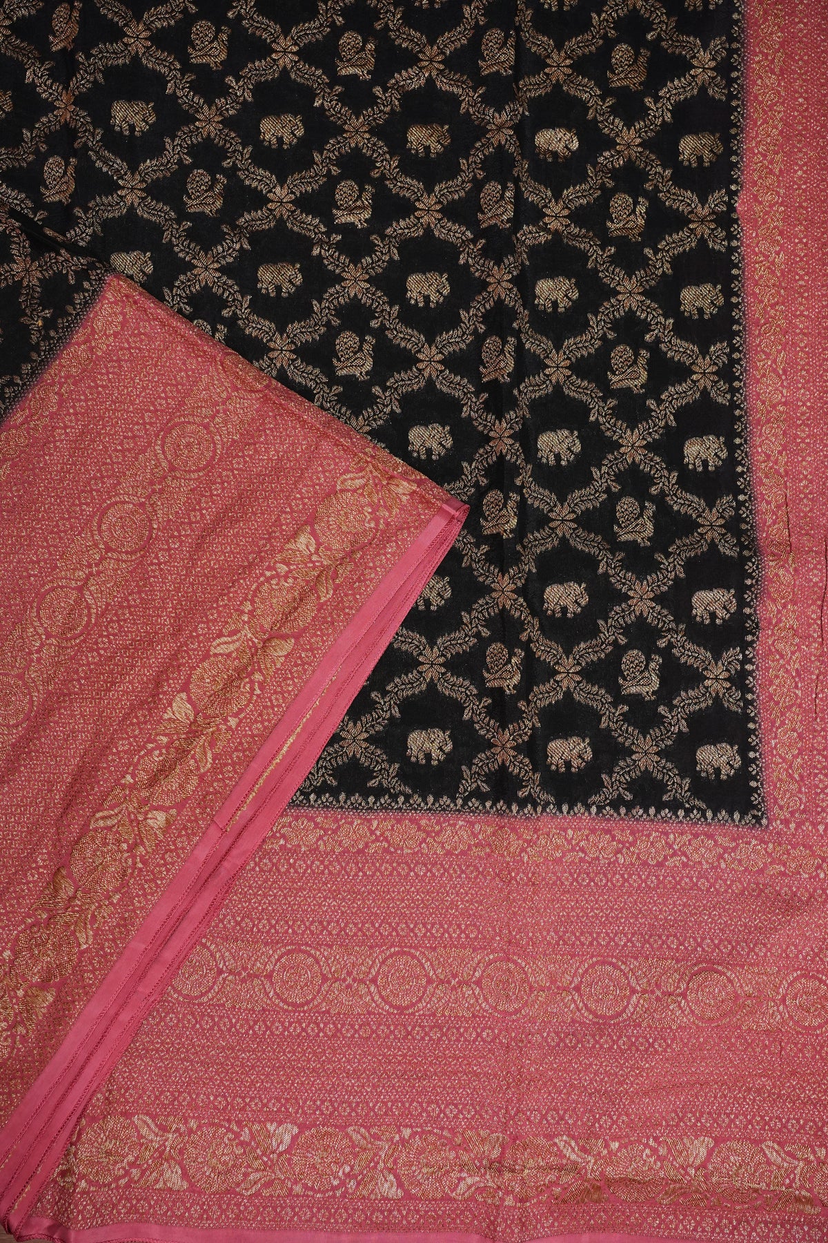 Banarasi Tussar Georgette Saree with Geometric Jaal Weave – Black & Pink