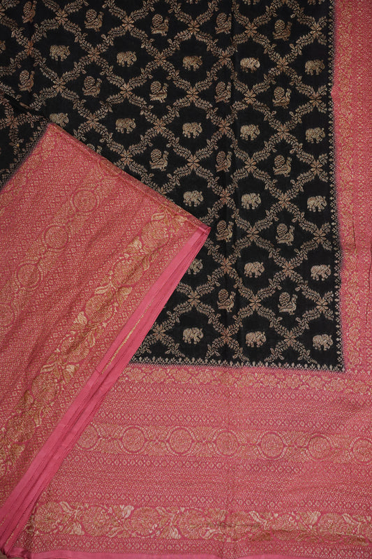 Banarasi Tussar Georgette Saree with Geometric Jaal Weave – Black & Pink