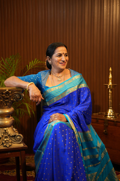 Pure Crepe Mysore Silk Saree in Ink Blue With Contrast Sky Blue Border