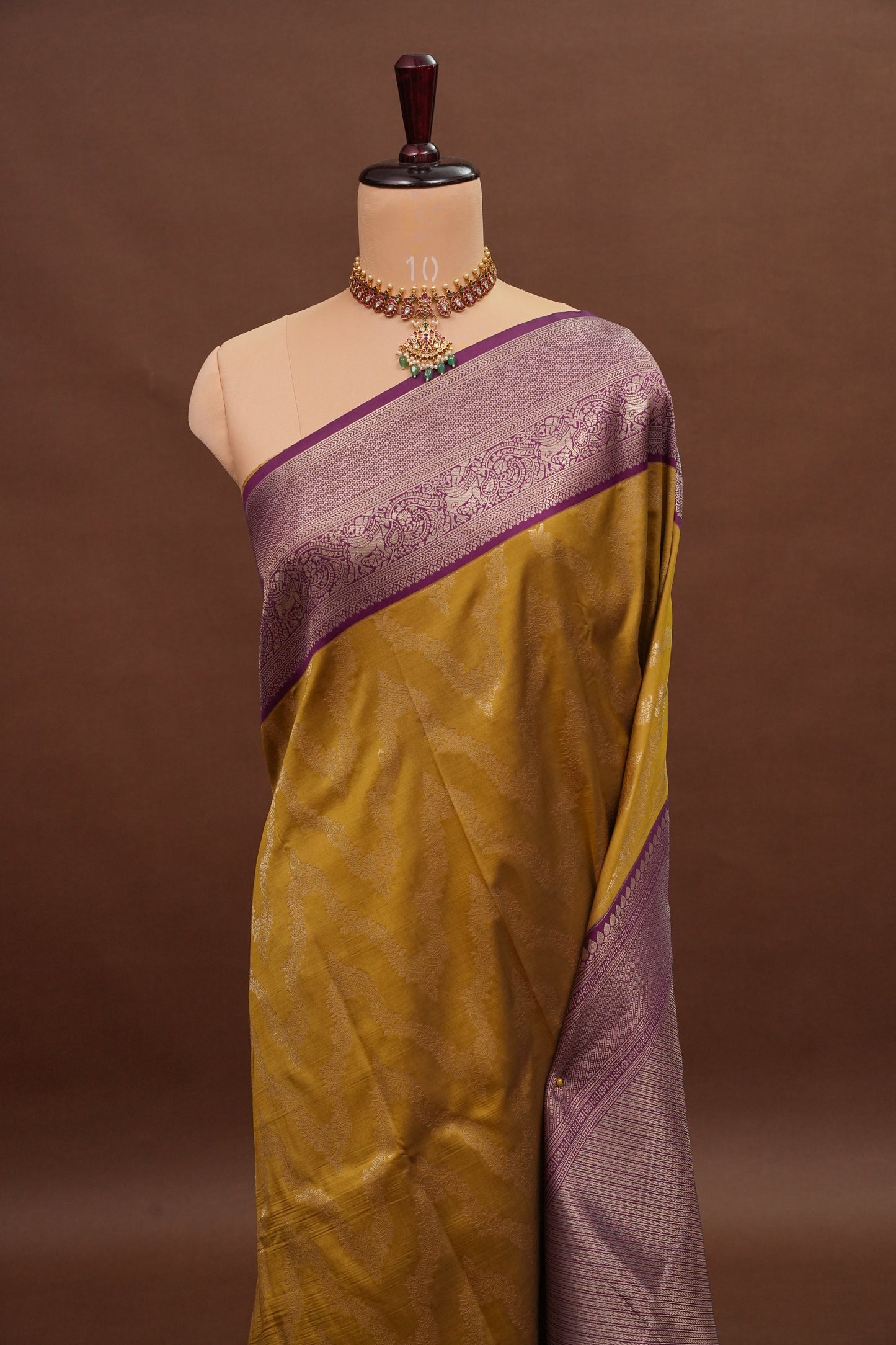 Kanchivaram Semi Silk Saree - Mustard with Wine