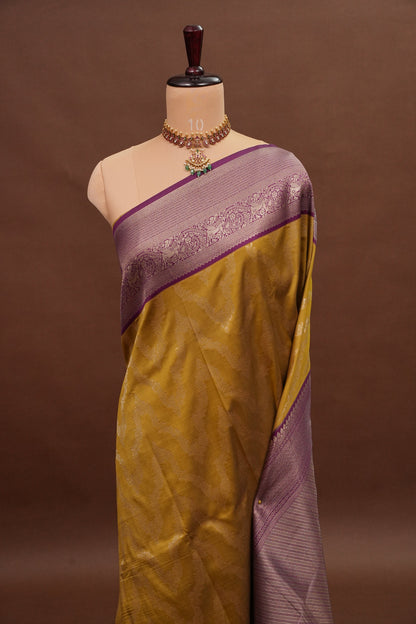 Kanchivaram Semi Silk Saree - Mustard with Wine