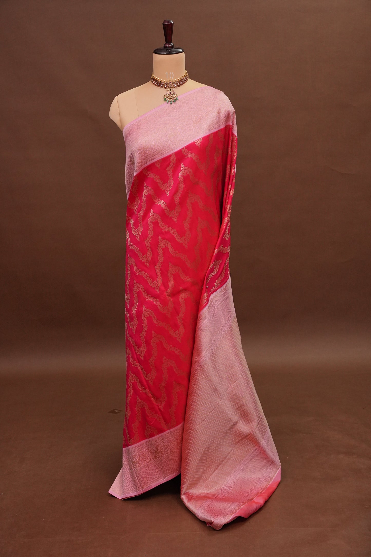 Kanchivaram Semi Silk Saree - Scarlet Red with Baby Pink