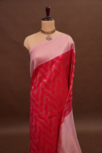 Kanchivaram Semi Silk Saree - Scarlet Red with Baby Pink