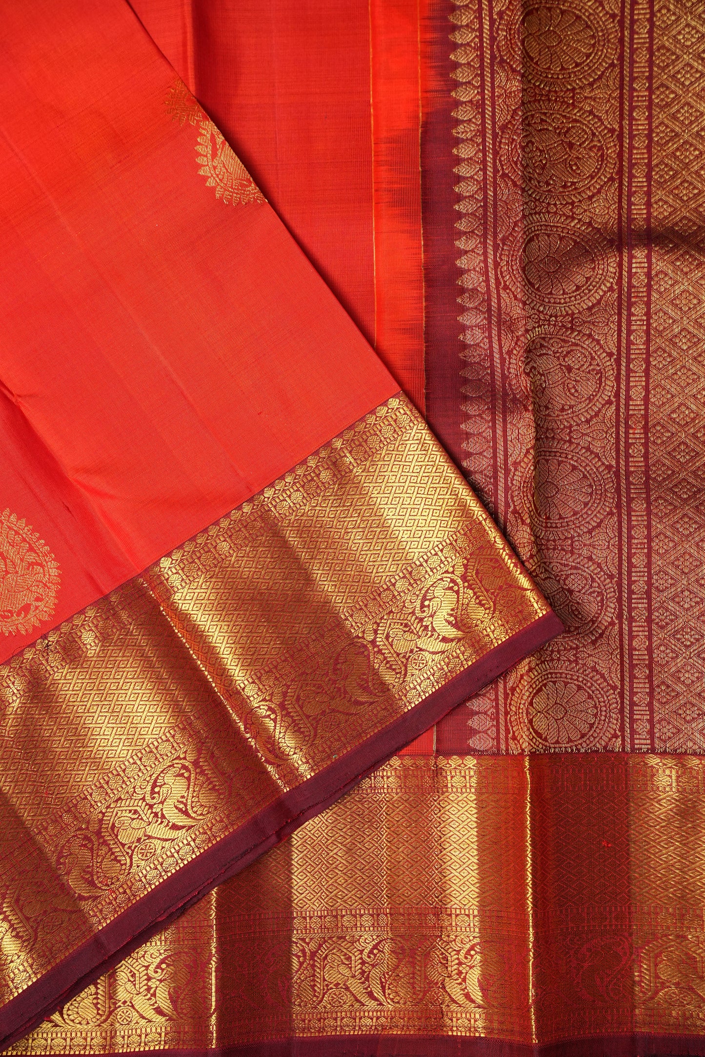 Pure Kanchipuram Silk Saree - Orange & Maroon| Silk Mark Certified