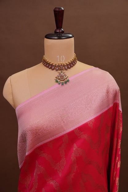 Kanchivaram Semi Silk Saree - Scarlet Red with Baby Pink