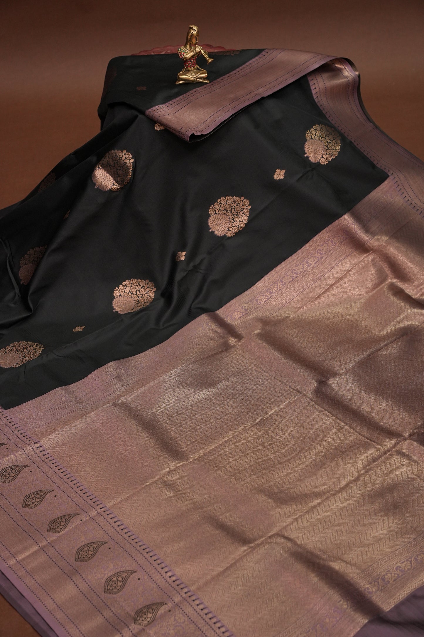 Black Semi Silk Saree with Muted Mauve Vintage Zari Border
