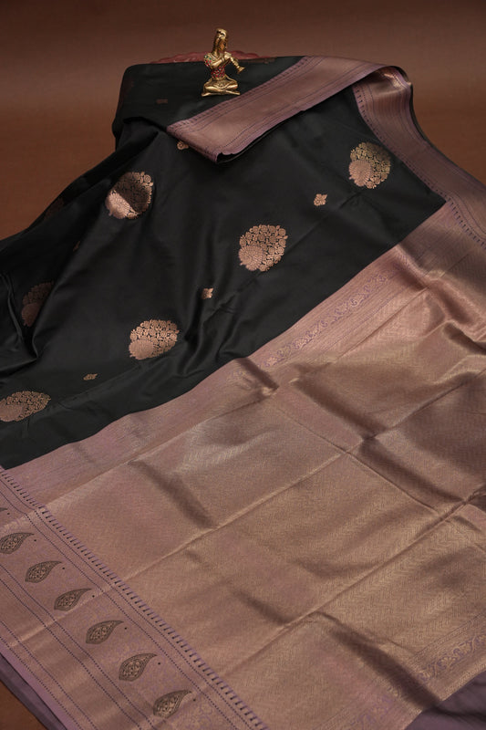 Black Semi Silk Saree with Muted Mauve Vintage Zari Border