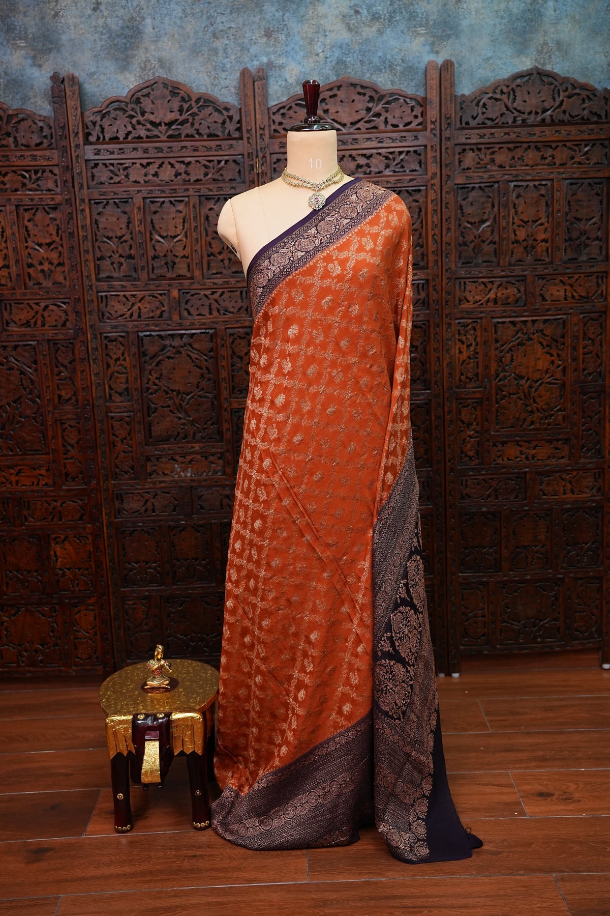 Banarasi Tussar Georgette Saree with Geometric Jaal Weave – Rust & Aubergine Purple