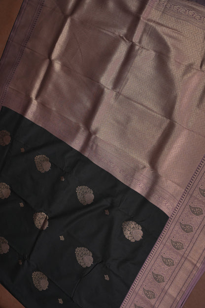 Black Semi Silk Saree with Muted Mauve Vintage Zari Border
