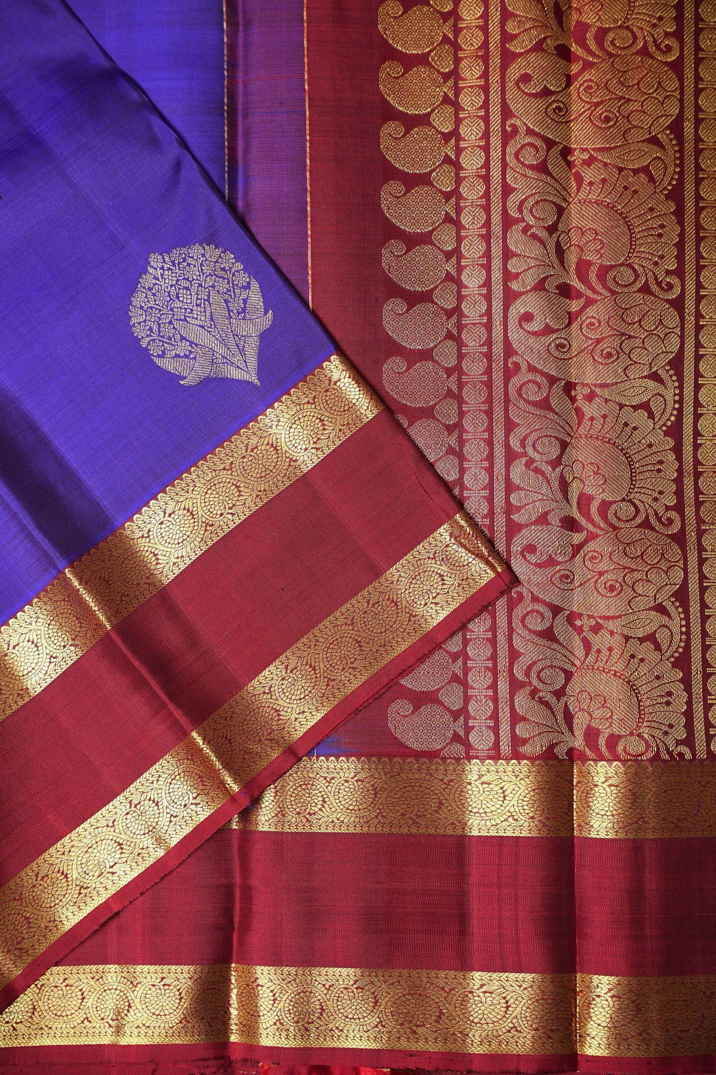 Pure Kanchipuram Silk Saree - Deep Purple & Maroon| Silk Mark Certified