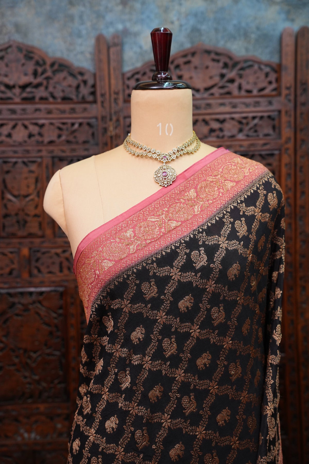 Banarasi Tussar Georgette Saree with Geometric Jaal Weave – Black & Pink