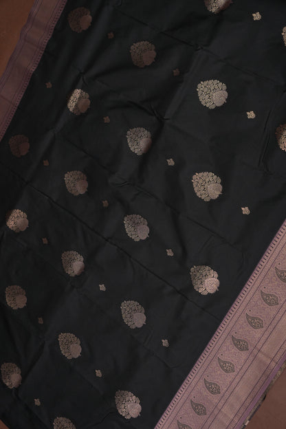 Black Semi Silk Saree with Muted Mauve Vintage Zari Border