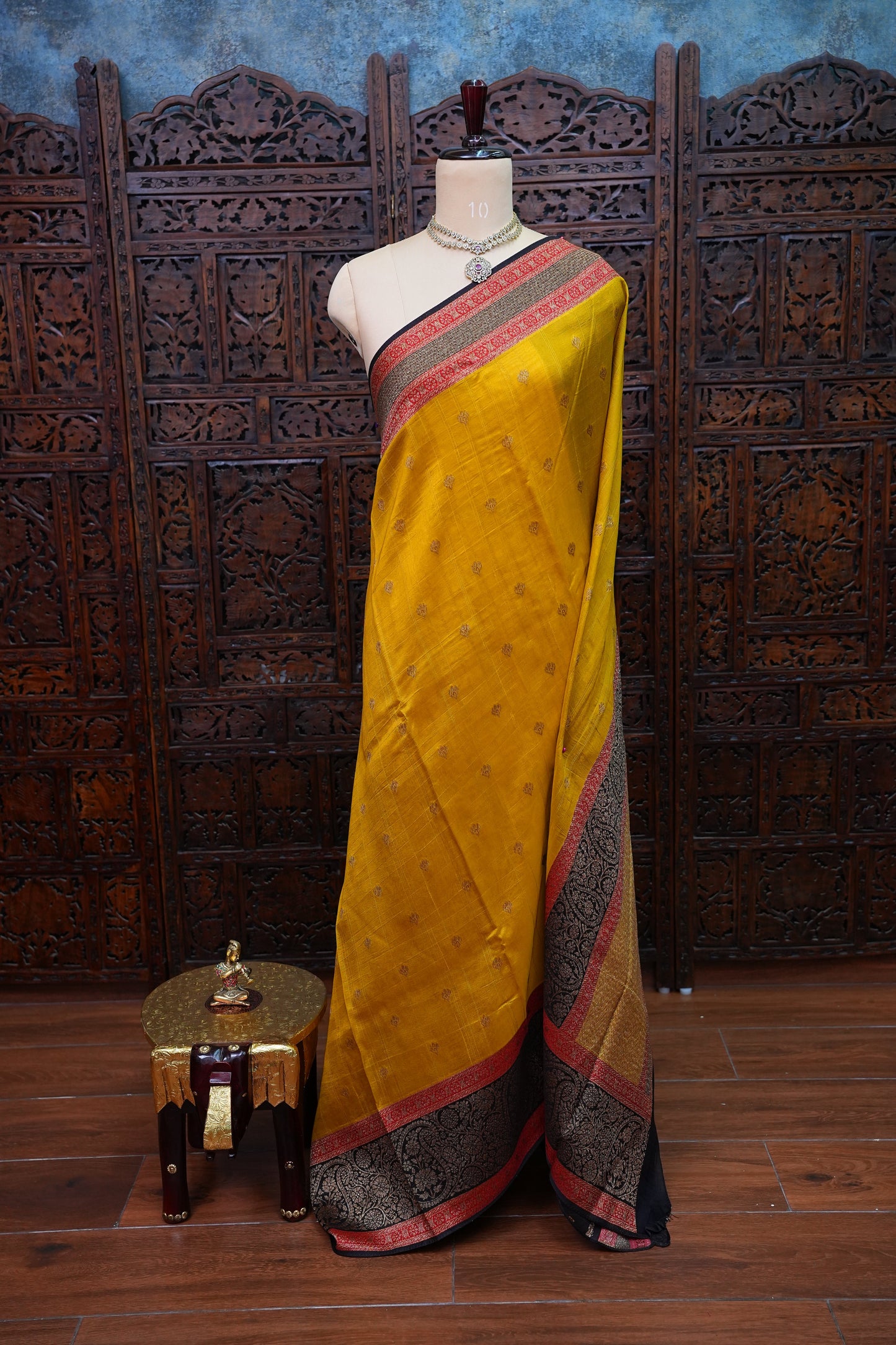 Banarasi Tussar Raw Silk Saree with Contrast 3D Border – Yellow & Black