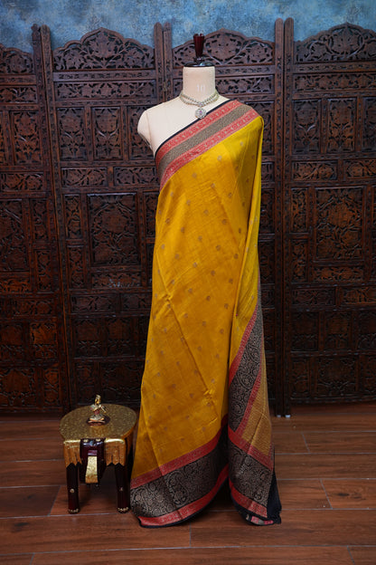 Banarasi Tussar Raw Silk Saree with Contrast 3D Border – Yellow & Black