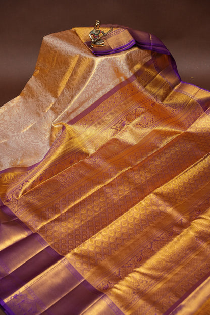 Gold with Purple Pure Tissue Kanchipuram Silk Saree|Silk Mark Certified