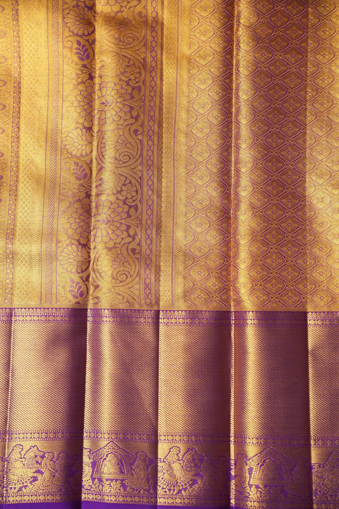 Gold with Purple Pure Tissue Kanchipuram Silk Saree|Silk Mark Certified