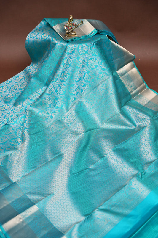 Pure Kanchipuram Brocade Silk Saree - Turquoise Blue| Silk Mark Certified