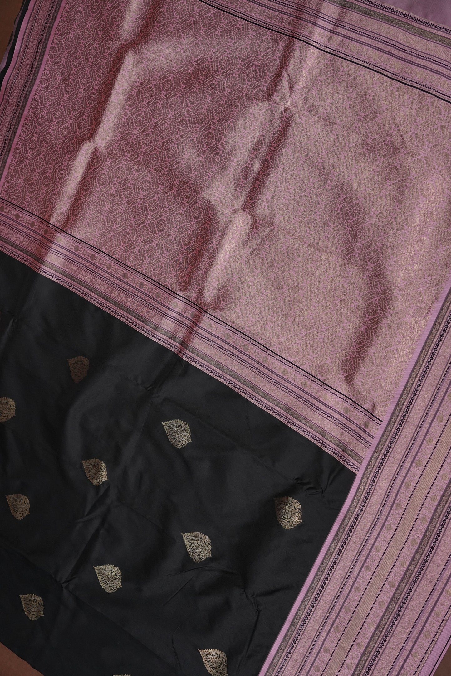 Black Semi Silk Saree with Pink Vintage Zari Border