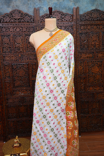 Heavy Georgette Banarasi Saree with Geometric Jaal Weaving – White & Mustard