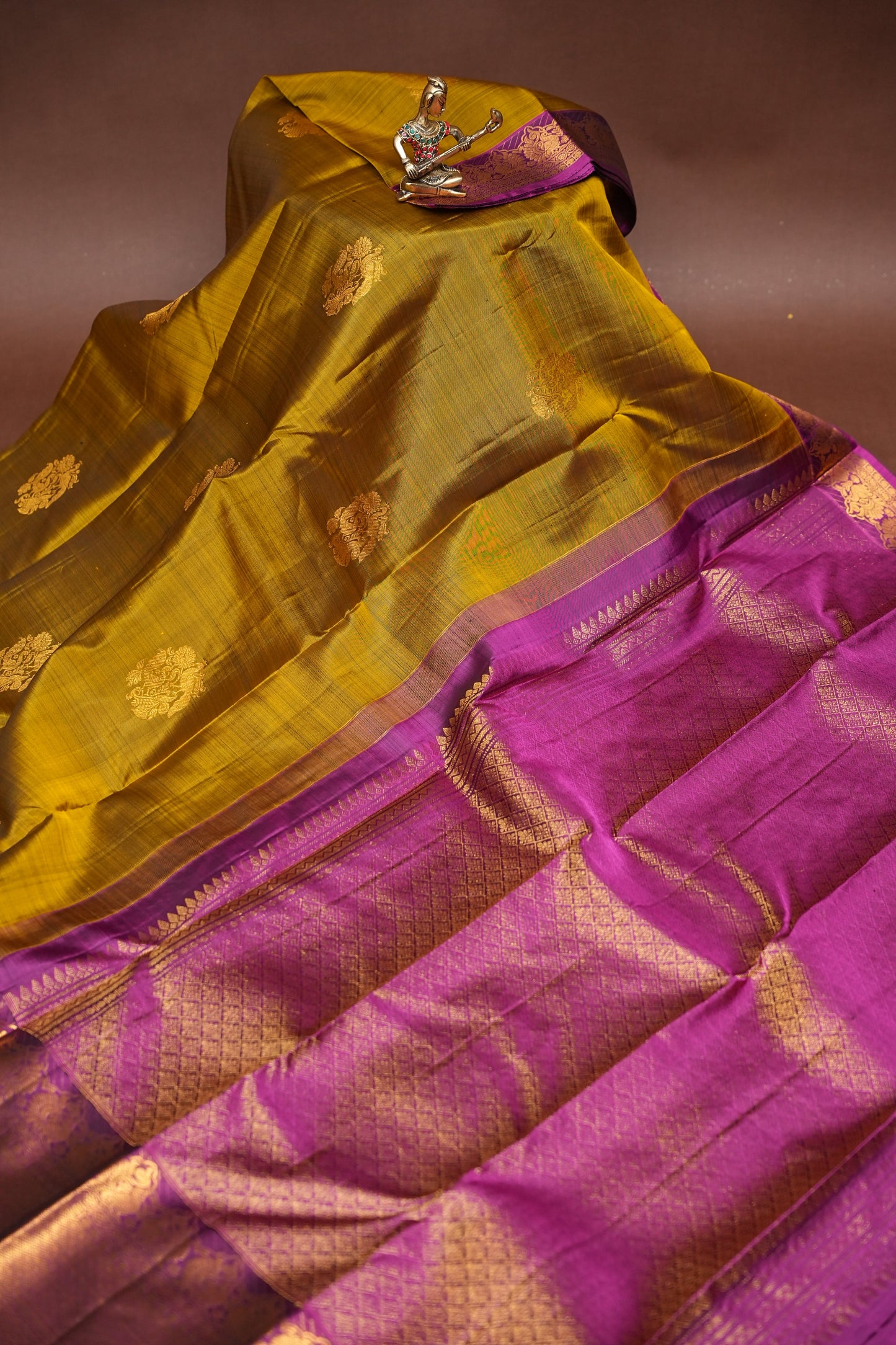 Pure Kanchipuram Silk Saree - Burnt Olive Green with Deep Magenta| Silk Mark Certified