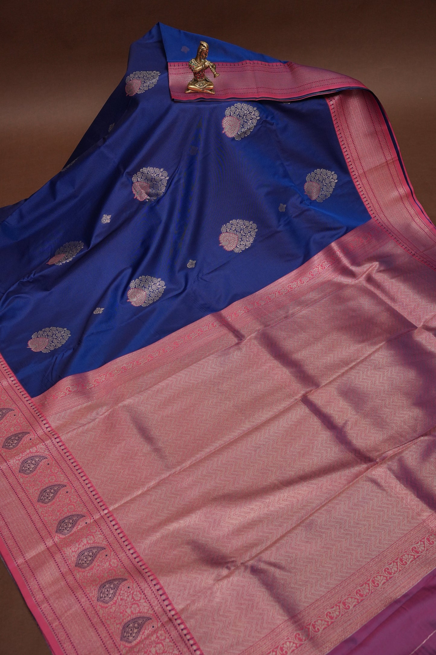 Royal Blue Semi Silk Saree with Pink Zari Border
