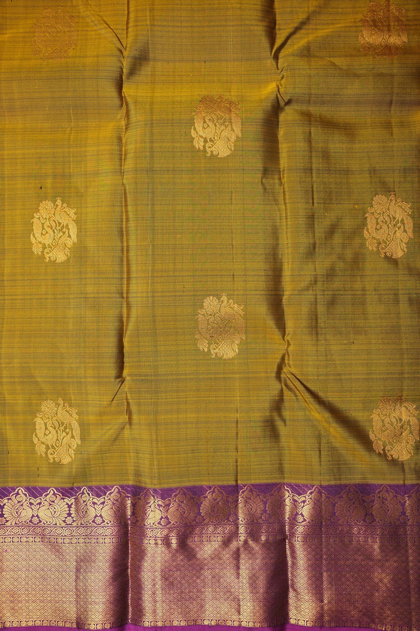 Pure Kanchipuram Silk Saree - Burnt Olive Green with Deep Magenta| Silk Mark Certified
