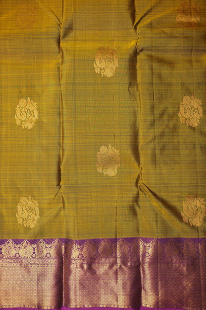 Pure Kanchipuram Silk Saree - Burnt Olive Green with Deep Magenta| Silk Mark Certified