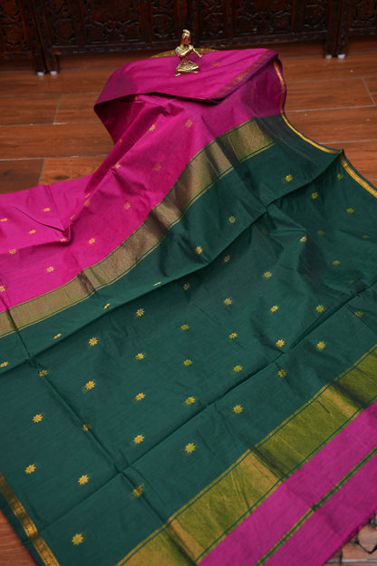 Maheshwari Silk Cotton Saree | Emerald Green With Pink