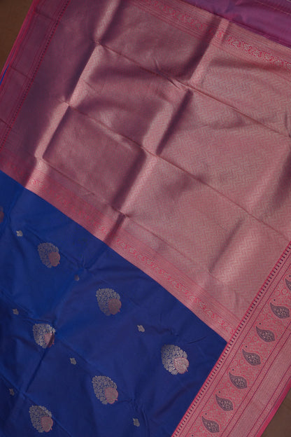 Royal Blue Semi Silk Saree with Pink Zari Border