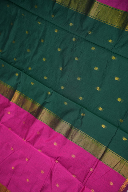 Maheshwari Silk Cotton Saree | Emerald Green With Pink