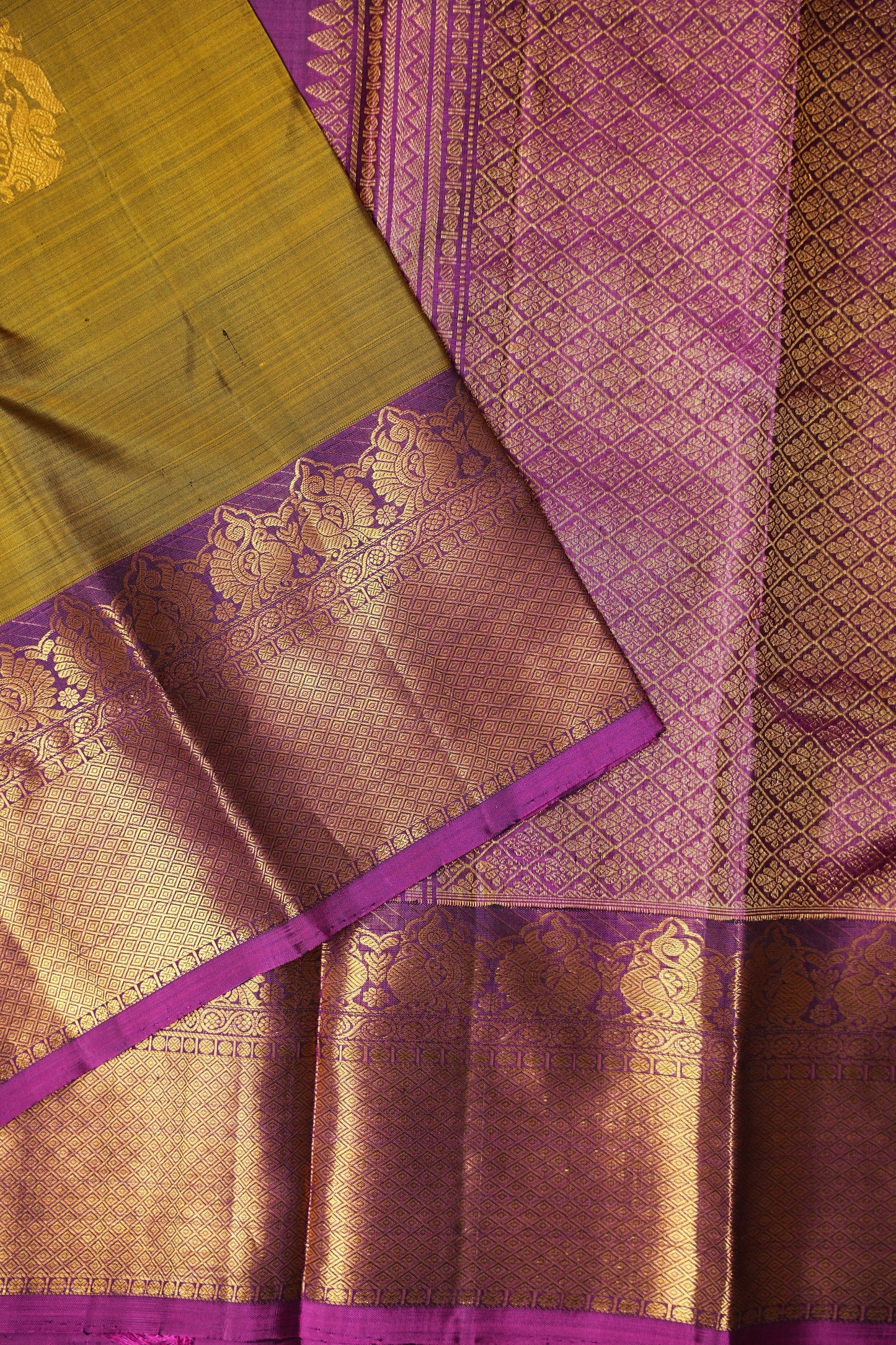 Pure Kanchipuram Silk Saree - Burnt Olive Green with Deep Magenta| Silk Mark Certified