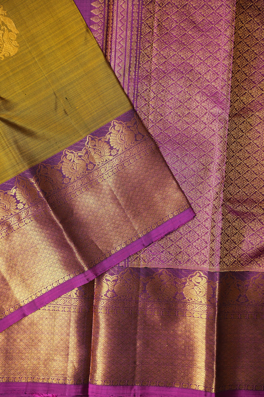 Pure Kanchipuram Silk Saree - Burnt Olive Green with Deep Magenta| Silk Mark Certified